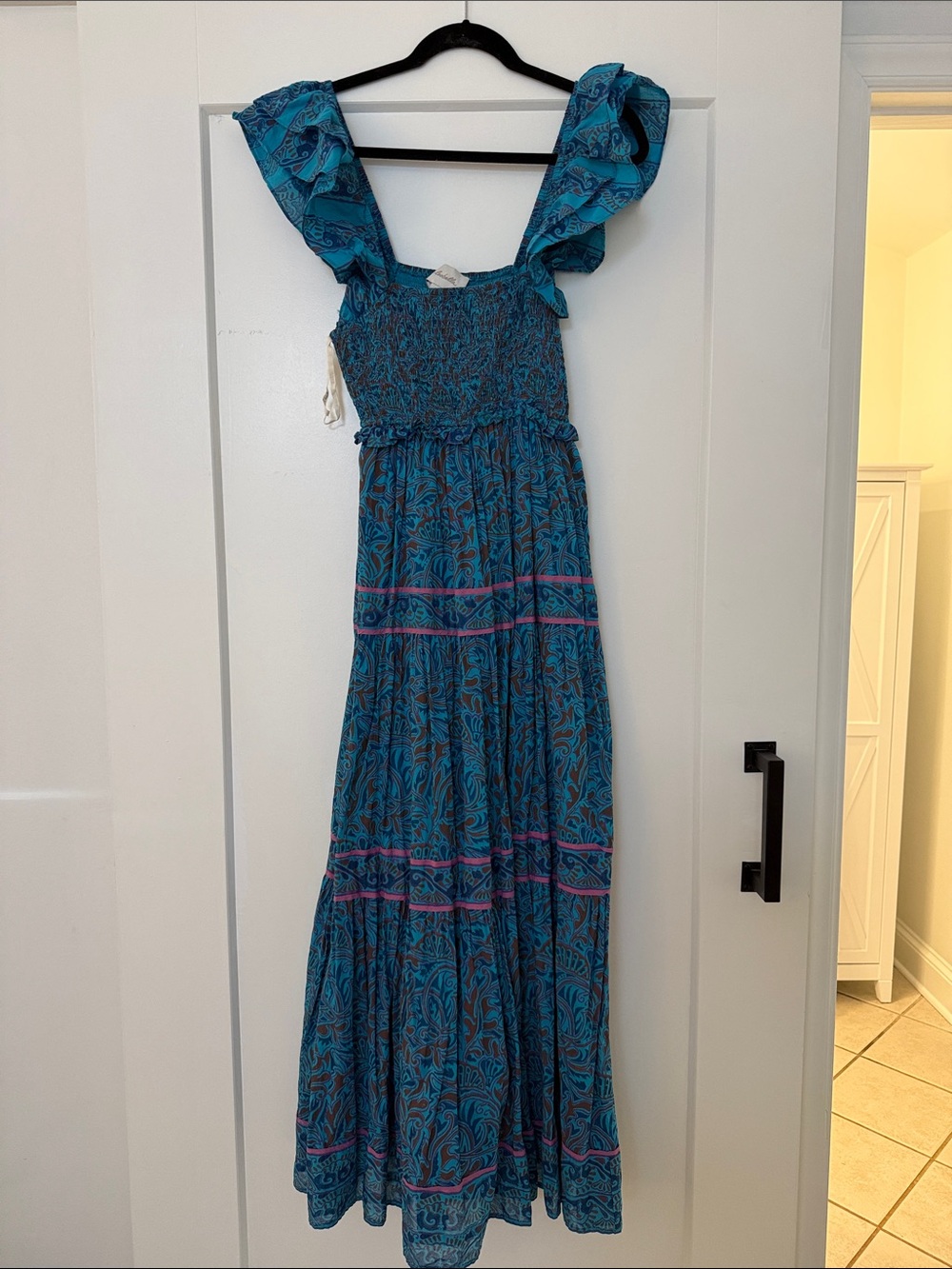 Cleobella Teal Blue Paisley Maxi Dress with Pink Accents